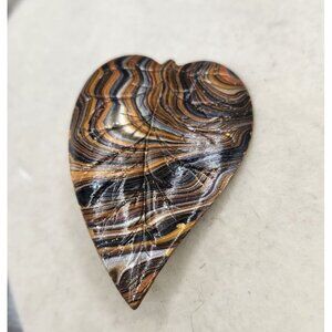 Vintage Metal Leaf Shaped Brooch With Black & Brown Swirls